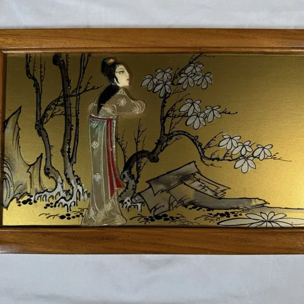 Vintage Asian Reverse Painted Glass Wall Art Geisha Women Gold Background MCM